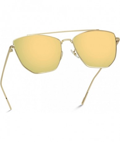 Oversized Double Bridge Elegant Geometric Designer Inspired Cat Eye Sunglasses - Gold Frame / Gold Flashing Lens - CU184XKALZ...