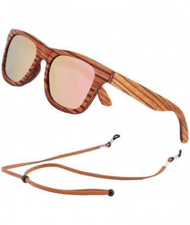 Wayfarer Polarized Wood Sunglasses Men - Wooden Bamboo Sunglasses for Women - Zebra Wood- Rose Gold Lens - CN193WI7M9H $37.89