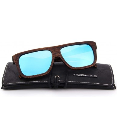 Rectangular Men Wooden Polarized Sunglasses 100% UV Protection vintage Eyewear S5066 - Blue Mirror - CF18QCOMWD0 $26.38