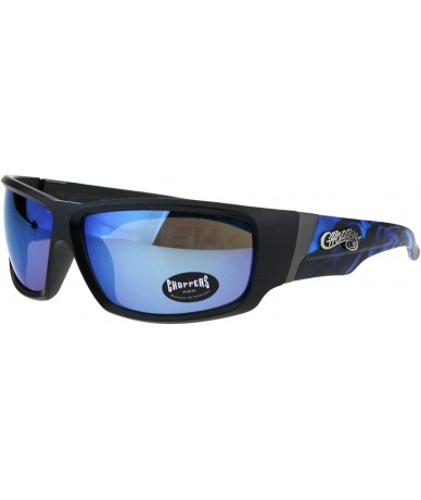 Wrap Sunglasses Mens Biker Fashion Rectangular Flame Design - Black Blue (Blue Mirror) - CZ18HW6X6R2 $8.12