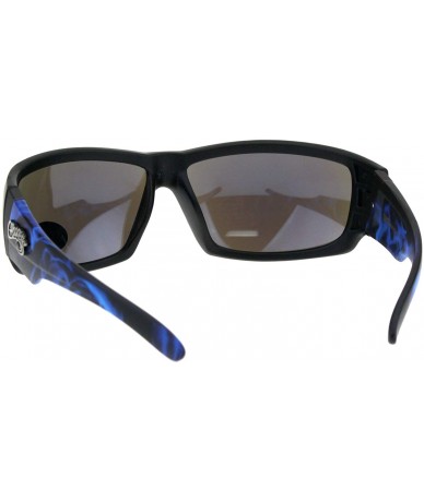 Wrap Sunglasses Mens Biker Fashion Rectangular Flame Design - Black Blue (Blue Mirror) - CZ18HW6X6R2 $8.12