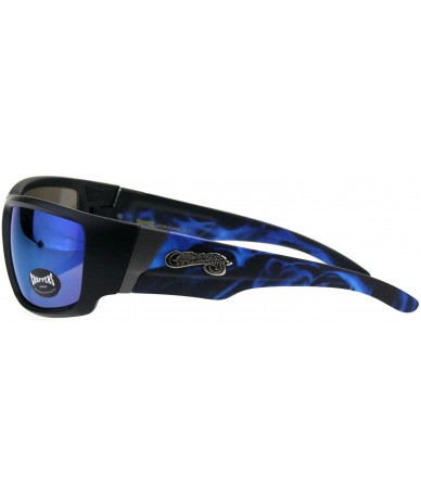 Wrap Sunglasses Mens Biker Fashion Rectangular Flame Design - Black Blue (Blue Mirror) - CZ18HW6X6R2 $8.12