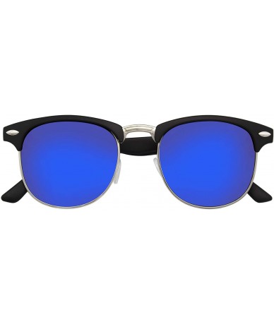 Semi-rimless Premium Half Frame Horn Rimmed Sunglasses Metal Rivets - Flash Mirror - Black Blue - CP12KZ9LJMZ $20.00