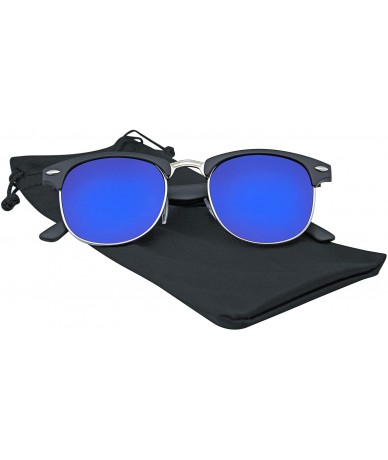 Semi-rimless Premium Half Frame Horn Rimmed Sunglasses Metal Rivets - Flash Mirror - Black Blue - CP12KZ9LJMZ $8.86
