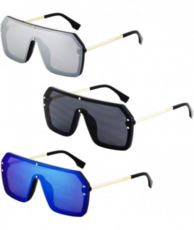 Shield Retro Oversized Shield Sunglasses Rimless Flat Top Mirror Glasses Women Men - Silver - Black - Blue/Mirror - CO18Y72IW...