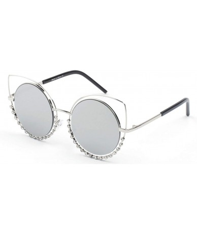 Goggle Women Metal Circle Round Rhinestone High Pointed Cat Eye Fashion Sunglasses - Silver - CL18WR9T74O $38.28