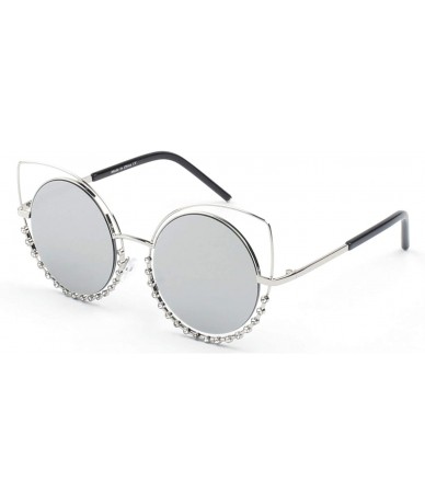 Goggle Women Metal Circle Round Rhinestone High Pointed Cat Eye Fashion Sunglasses - Silver - CL18WR9T74O $14.91