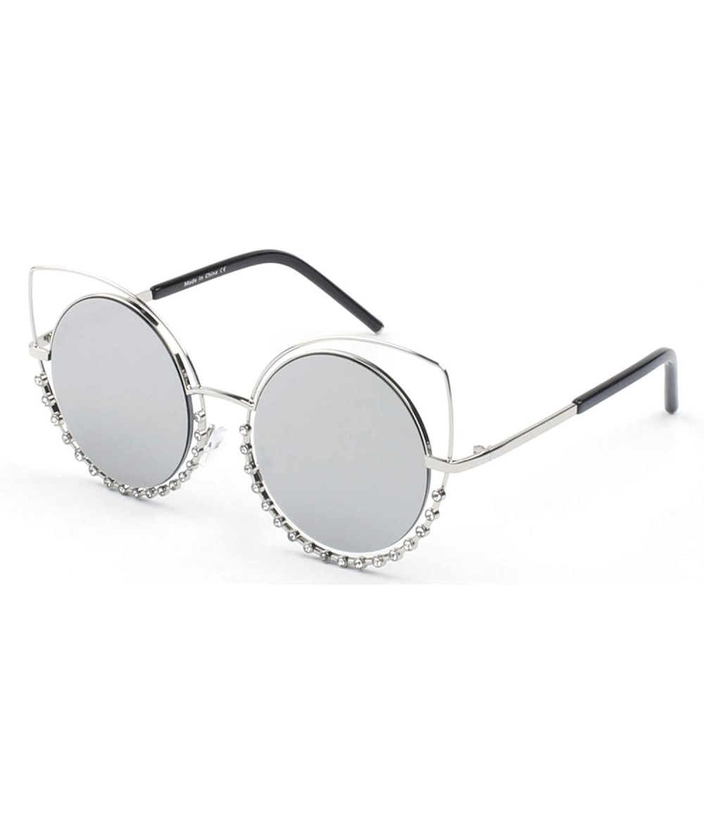 Goggle Women Metal Circle Round Rhinestone High Pointed Cat Eye Fashion Sunglasses - Silver - CL18WR9T74O $14.91