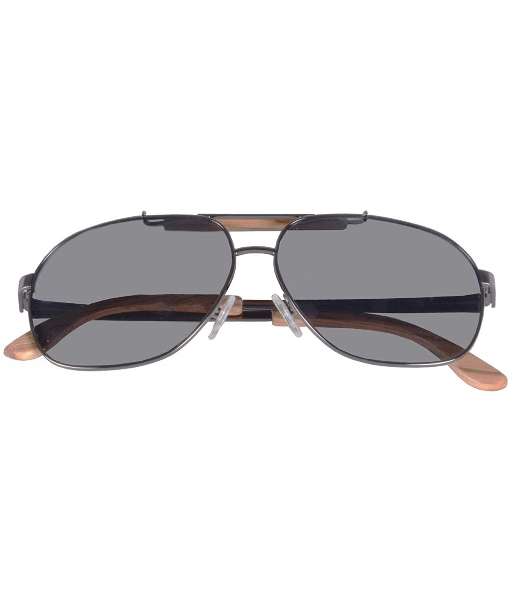 Aviator Men's Metal Polarized Sunglasses Classic UV400 Wooden Sun Glasses - 1567 - Gun/Zebra Wood-grey - CY189IG3CXZ $15.81