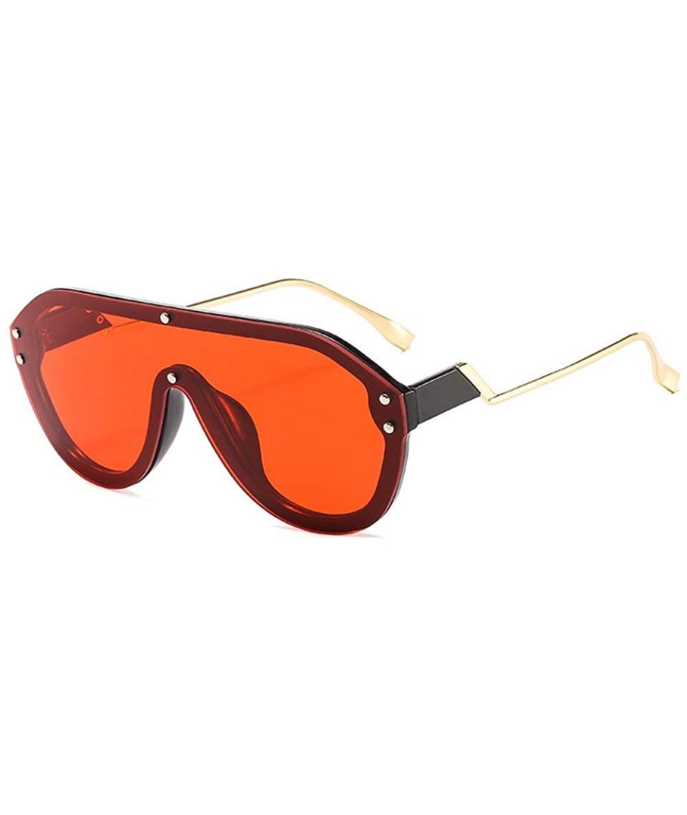 Goggle Fashion Big Frame One-piece Sunglasses for Women 2020 Chic Bent Leg Flat Top Rivet Sun Glasses Mens Goggle - Red - CE1...