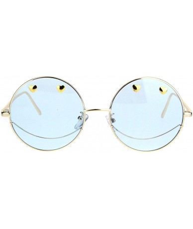 Round Womens Retro Heart Stud Smiley Face Hippie Metal Rim Sunglasses - Gold Blue - CN18K757KHW $10.85
