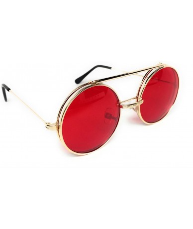 Round Flip Up Steampunk Metal Django Sunglasses - Gold- Red - CR186X4IDN9 $13.02