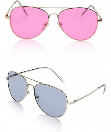 Aviator Classic Aviator Sunglasses Metal Frame Colored Lens Glasses UV400 Protection - 2 Pack Grey+pink - CR18MH4S4RT $21.77