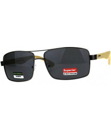 Rectangular Mens Color Mirror Metal Pilots Officer Bamboo Wood Arm Sunglasses - Gunmetal Black - C2180AQLC53 $11.00