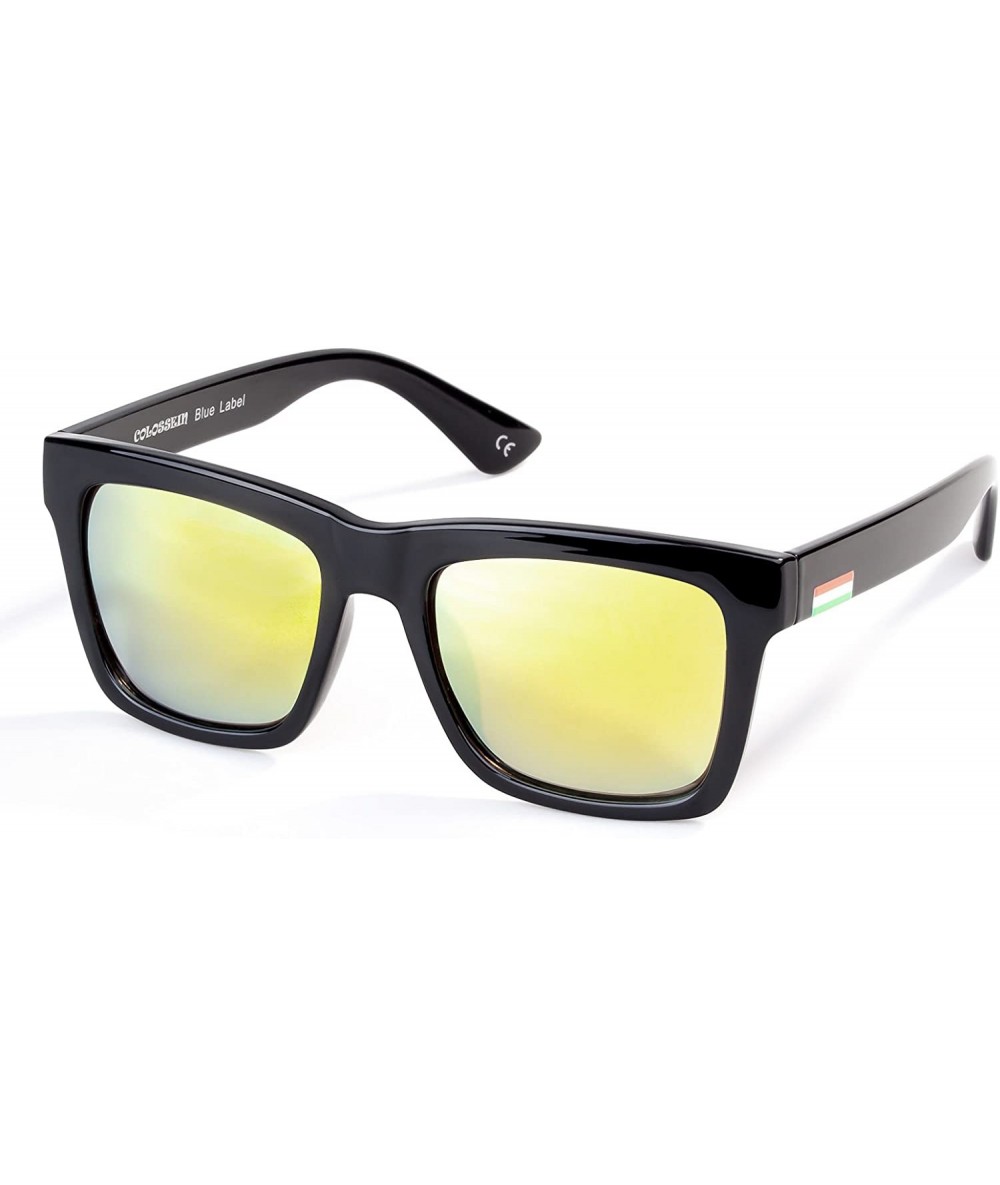 Square Classic Polarized Sunglasses For Men Retro Square Frame Mirrored Lens- UV400 - Gold Lens/Black Frame - CE18ESG2KRQ $12.50