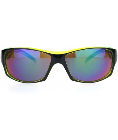 Rectangular Biohazard Mens Warp Around Biker Style Sport Plastic Sunglasses - Black Green Teal Mirror - CP18OTC2YNZ $8.36