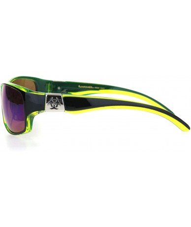 Rectangular Biohazard Mens Warp Around Biker Style Sport Plastic Sunglasses - Black Green Teal Mirror - CP18OTC2YNZ $8.36