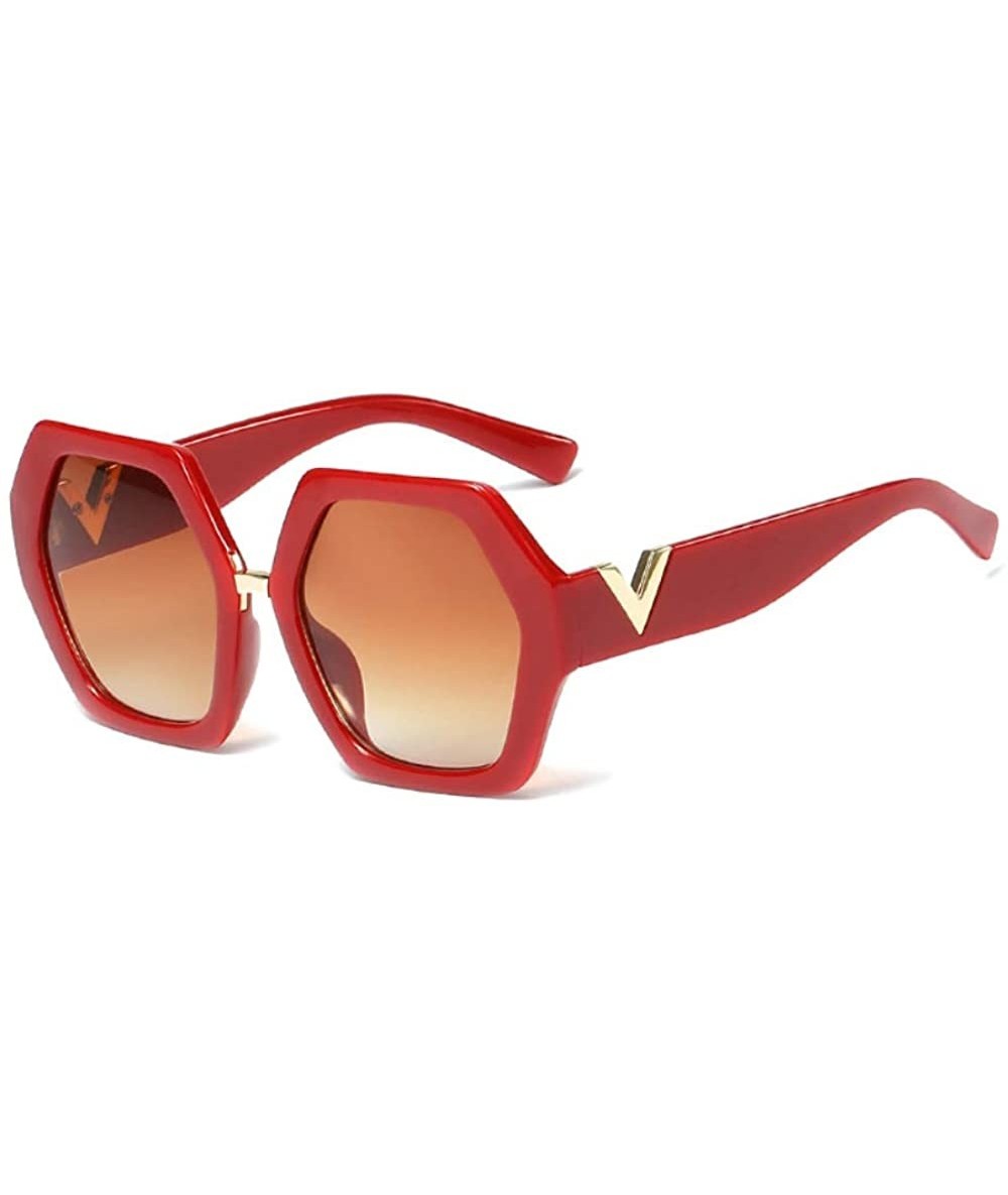 Round Extra Large Women Sunglasses Geometrical Hexagonal Bold Frame Oversized Glasses - Red - CB18WD2RRG5 $15.07