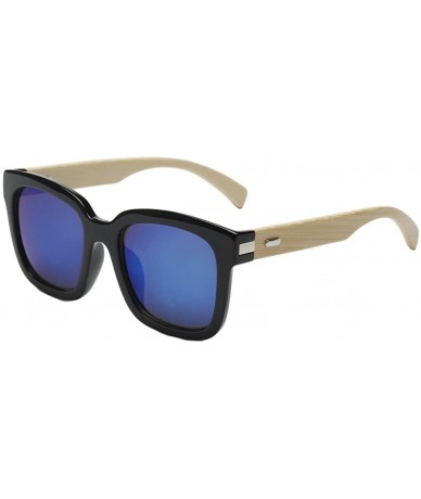 Oversized Wooden Bamboo Square Sunglasses Fashion Classic Retro Designer for Women Men - Black/Blue - CK12JRYXJHH $44.99