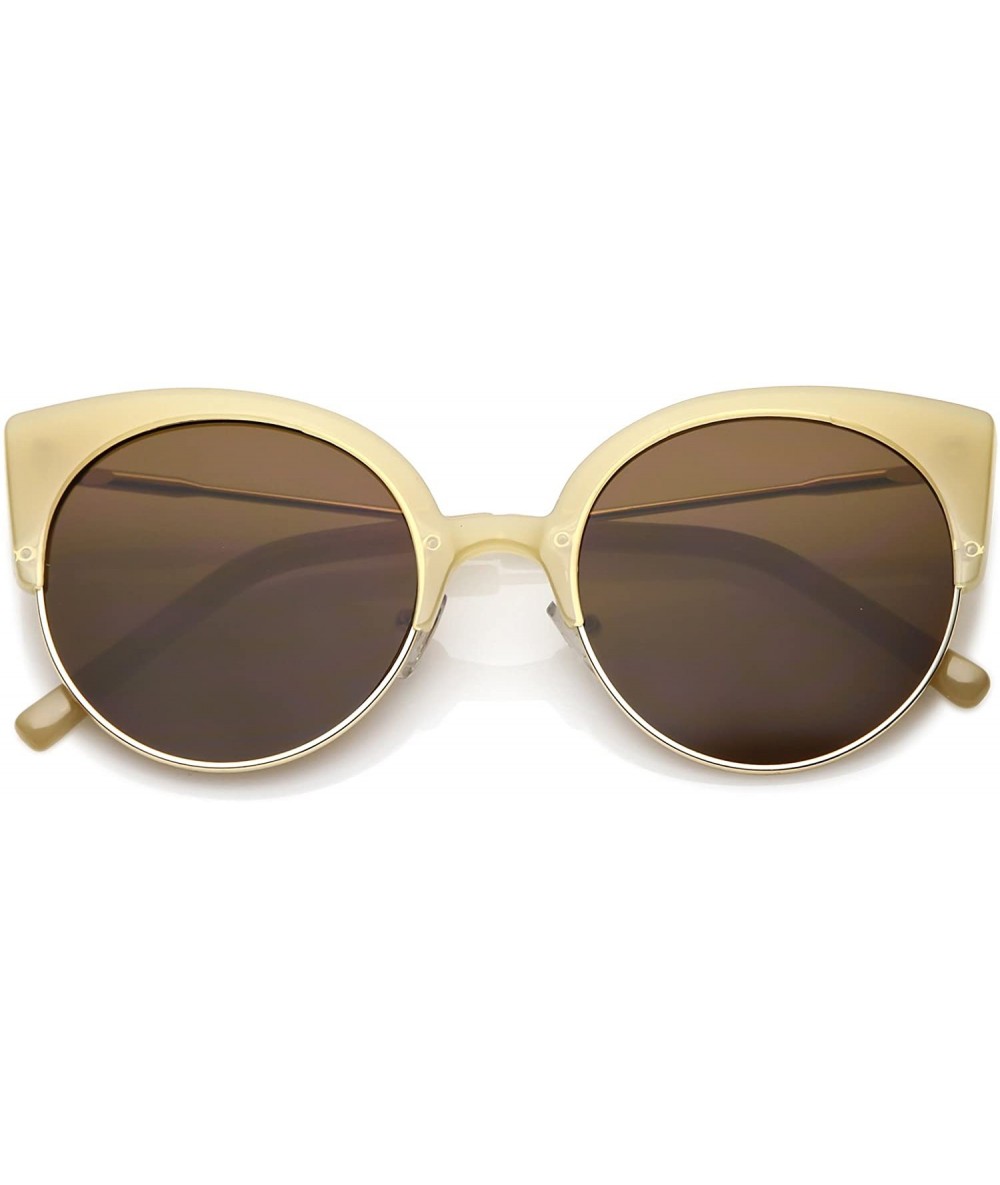 Rimless Women's Half Frame Ultra Slim Arms Round Flat Lens Cat Eye Sunglasses 53mm - Creme Gold / Brown - CV184RA7N97 $10.37