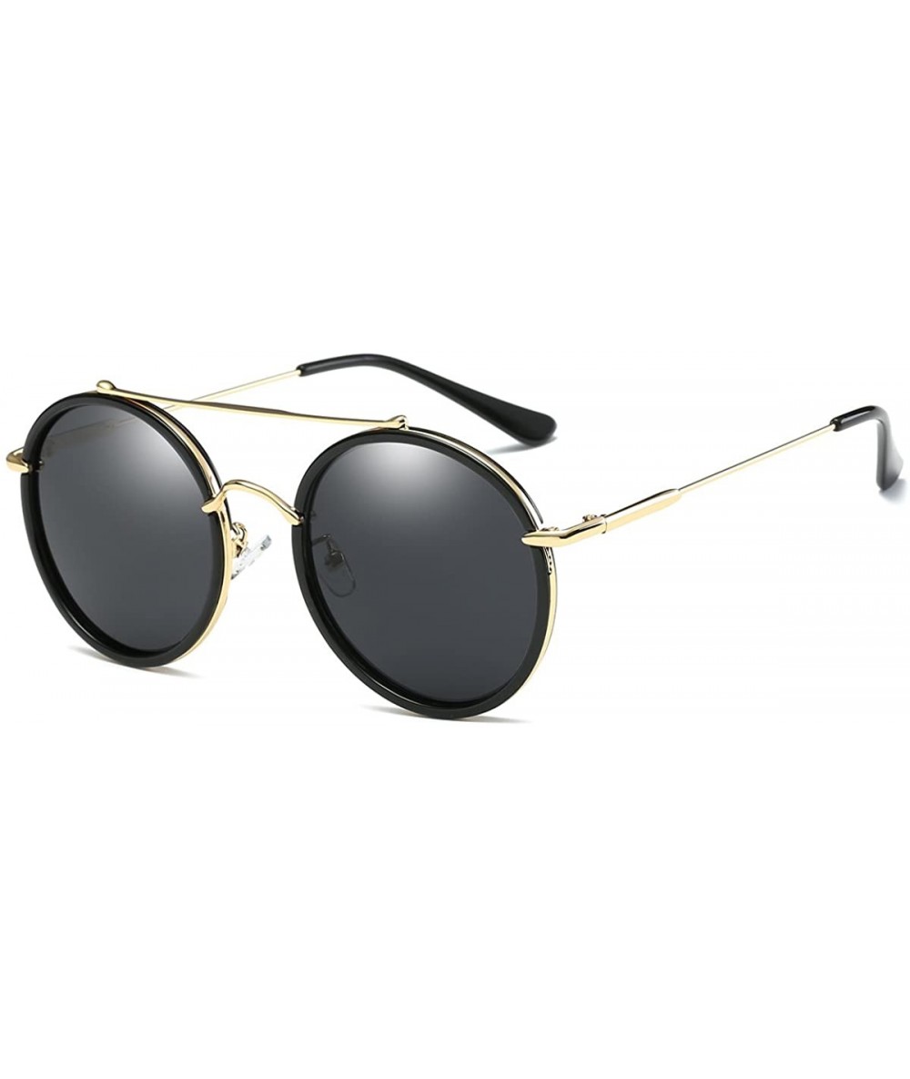 Round Polarized Sunglasses Mirrored Designer - Black - CS1845Q6IHY $24.24
