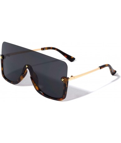 Semi-rimless Star Stud Semi Rimless Flat Top One piece Shield Lens Rectangular Sunglasses - Black Demi - CS1993U0692 $13.01