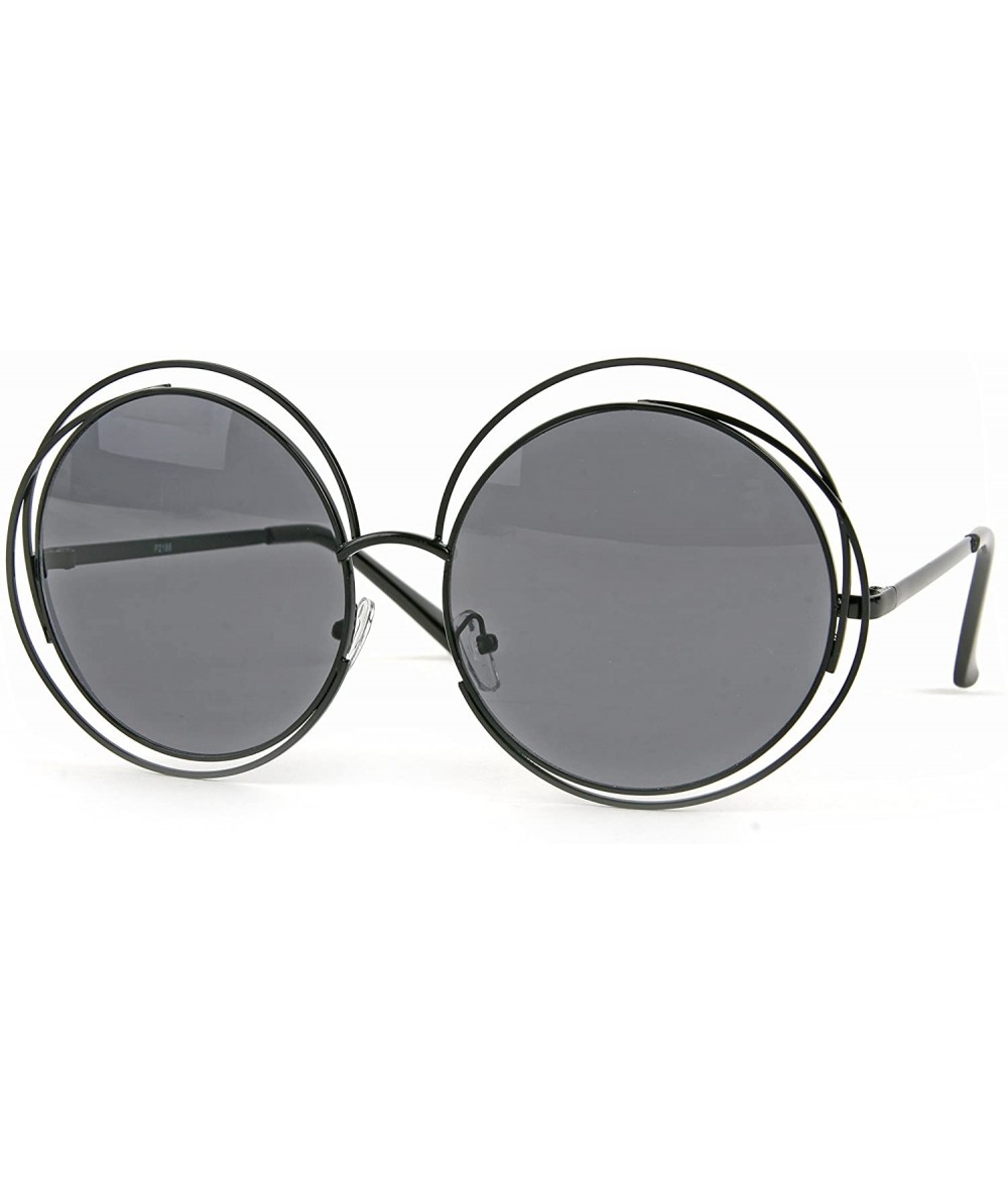 Round Women's Oversized Round Double Wire Ring Metal Frame Sunglasses P2188 - Black-smoke Lens - CV126OEFSYP $19.44