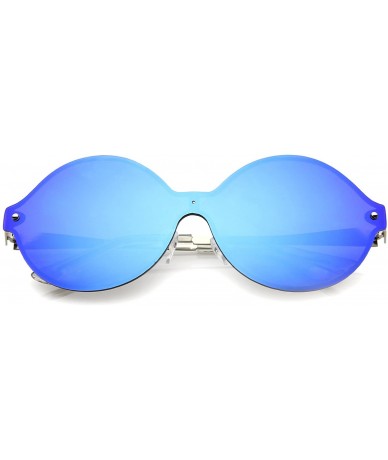 Shield Oversize Round Color Mirror Shield Lens Metal Temple Rimless Sunglasses 69mm - Silver / Blue Mirror - CB12K5FB9V5 $24.76