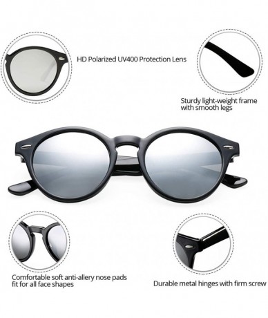 Sport Vintage Round Polarized Sunglasses for Women Men Horn Rimmed Circle Mirrored Lens Sun Glasses(Black/Blue Mirror) - C818...