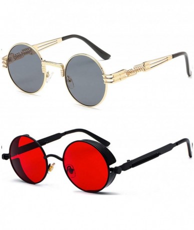 Sport Retro Gothic Steampunk Sunglasses for Women Men Round Lens Metal Frame - Round Steampunk Spring Hinge 2 Pack - CB18YOOG...