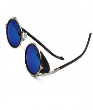 Sport Mirror lens Round Glasses Cyber Goggles Steampunk Sunglasses Vintage Retro(Silver Frame Green Blue Mirror Lens) - CP12M...