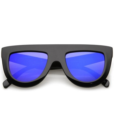 Oversized Oversize Chunky Wide Arms Colored Mirrror Flat Lens Flat Top Sunglasses 51mm - Black / Blue Mirror - C717YZYLSZY $1...