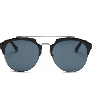 Square Women's Fashion Designer Half Frame Round Cateye Sunglasses - Silver / Gray With Black Rims - C517X0KTX5A $21.94