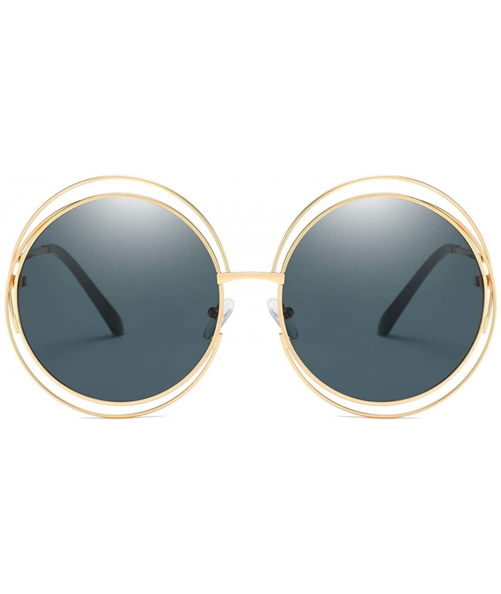 Oversized Metal Double Circle Wire Frame Oversized Round Sunglasses for Women - C Black - CJ194522YU3 $13.76