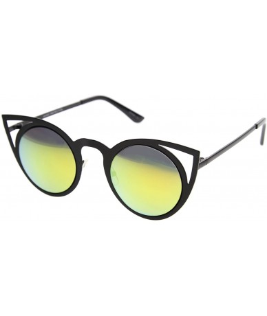 Cat Eye Womens Fashion Round Metal Cut-Out Flash Mirror Lens Cat Eye Sunglasses - Black / Yellow Mirror - CX128PMD6CZ $18.66