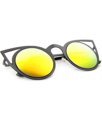 Cat Eye Womens Fashion Round Metal Cut-Out Flash Mirror Lens Cat Eye Sunglasses - Black / Yellow Mirror - CX128PMD6CZ $9.20