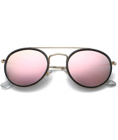 Aviator Small Round Double Bridge Sunglasses For Women Men Polarized 100% UV Protection - Gold Frame/Pink Mirrored Lens - CM1...