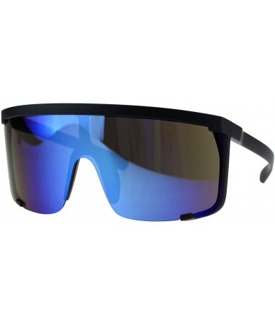 Oversized Oversize Flat Top Shield Exposed Lens Reflective Color Mirror Sunglasses - Black Blue - CI18G8RQ4IO $27.46