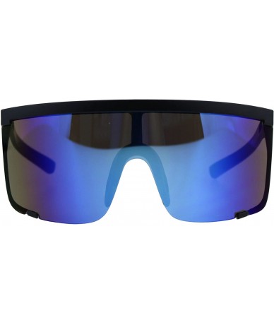 Oversized Oversize Flat Top Shield Exposed Lens Reflective Color Mirror Sunglasses - Black Blue - CI18G8RQ4IO $24.96