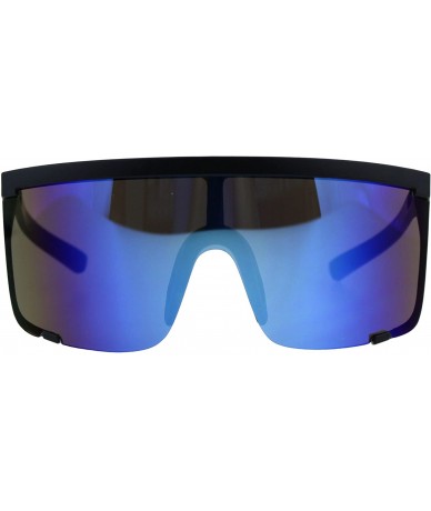 Oversized Oversize Flat Top Shield Exposed Lens Reflective Color Mirror Sunglasses - Black Blue - CI18G8RQ4IO $11.23