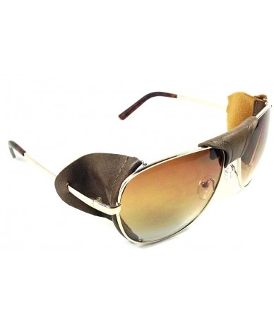 Shield Retro Aviator Sunglasses w/Faux Leather Bridge & Side Shields - Gold Frame - Brown Leather - CV12NV0G7K4 $12.09