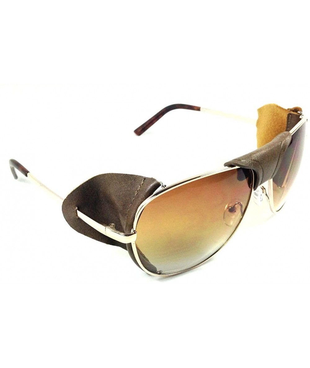 Shield Retro Aviator Sunglasses w/Faux Leather Bridge & Side Shields - Gold Frame - Brown Leather - CV12NV0G7K4 $12.09