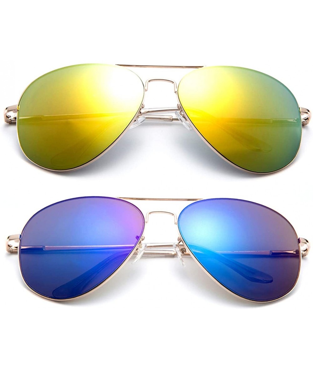 Aviator Classic Aviator Sunglasses Flash Mirror lenses Slim Frame Spring Hinge Clear Tip - 2 Pack Yellow & Blue - CD1853DDXO5...